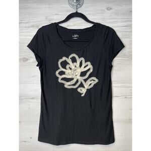 Ann Taylor Loft Shirt Womens Medium Black Floral Graphic Cotton Tee T-Shirt